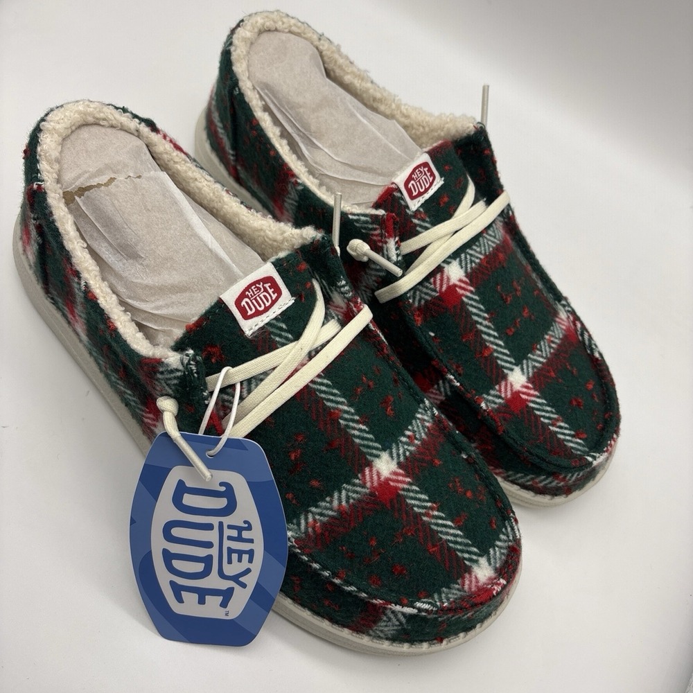 Hey Dude Wendy Confetti Plaid Cozy Shoes‎ Slip On Red Green Size 10 Womens